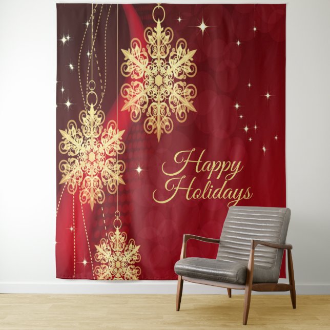 Christmas Party Red Golden Snowflakes Holiday Tapestry (In Situ)