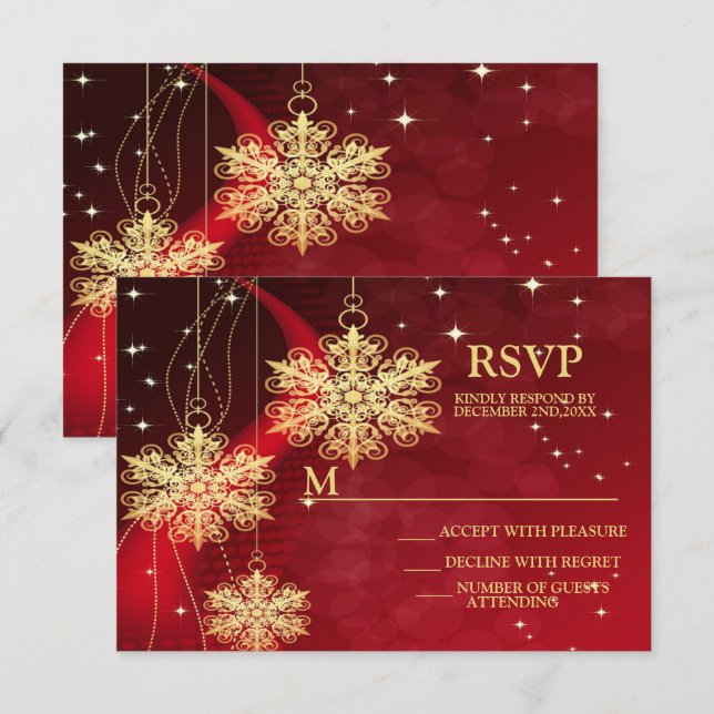 Christmas Party Red Golden Snowflakes Holidays RSVP Card (Front/Back)