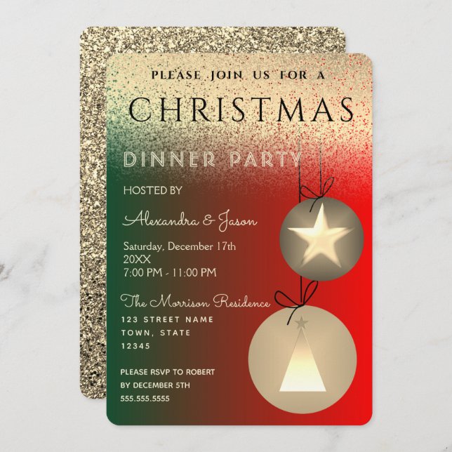 Christmas Party Red Green and Gold Glitter Invitation (Front/Back)
