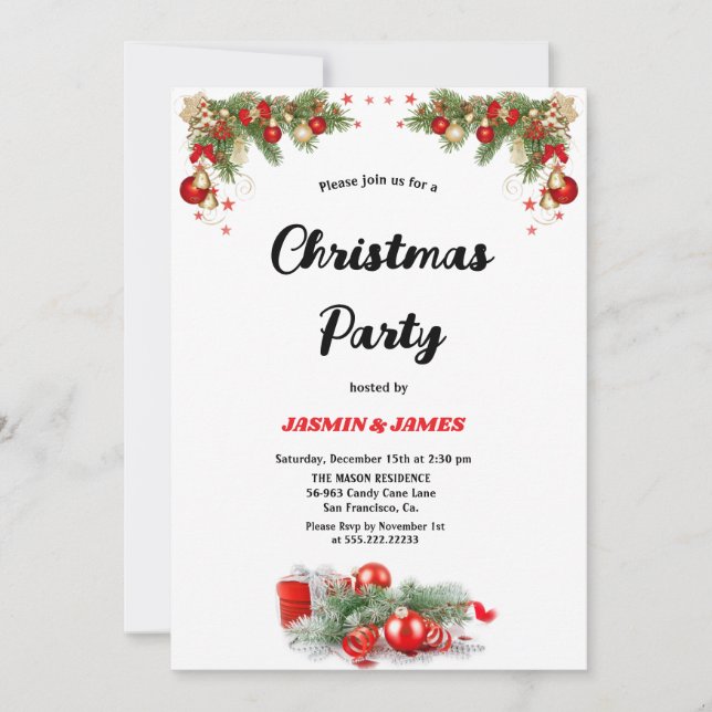 Christmas party red green baubles invitatio invitation (Front)