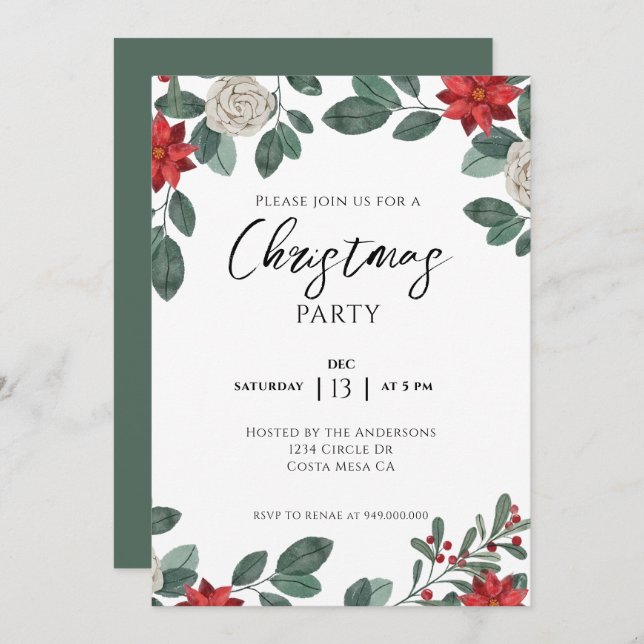 Christmas Party Red Green Floral Invitation (Front/Back)