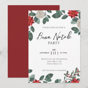 Christmas Party Red Green Floral Invitation