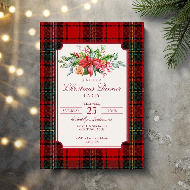 Christmas party red plaid pine bow elegant invitation (Christmas party red plaid pine winter greenery bow elegant invitation cards template)