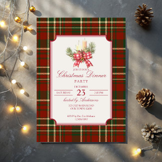 Christmas party red plaid pine bow elegant invitation