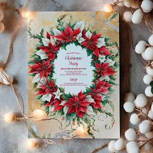 Christmas Party Red Poinsettia Floral Gold Glitter Invitation