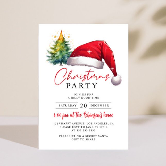 Christmas Party Red Santa Hat Tree Stars Invitation (Creator Uploaded)