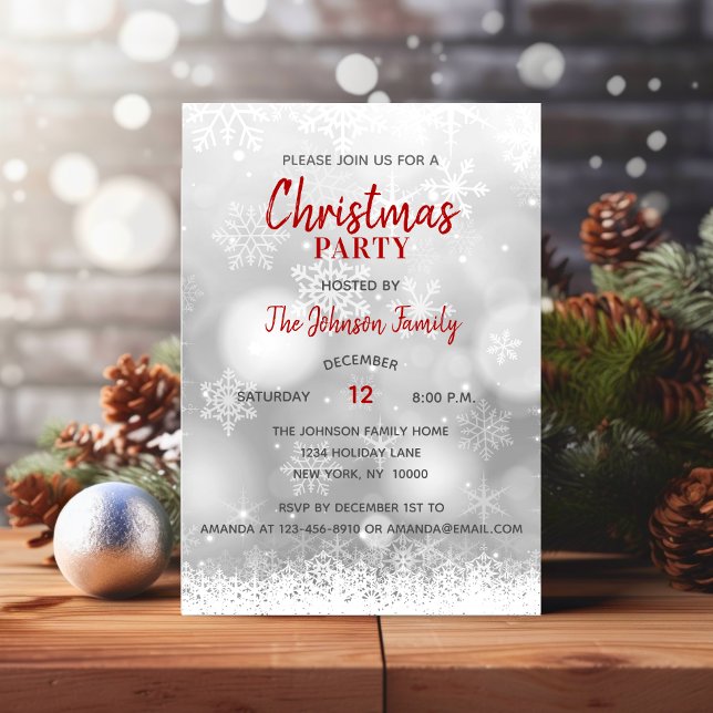 CHRISTMAS PARTY Red Silver Snowflakes Snow Invitation (CHRISTMAS PARTY Red Silver Snowflakes Snow Invitation)