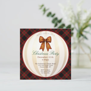 Christmas Party Red Tartan Plaid Vintage Bow Invitation