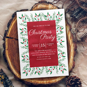 Christmas Party Red Watercolor Floral Invitation
