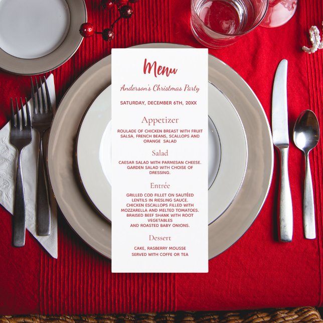 Christmas party red white dinner menu card (Creator Uploaded)