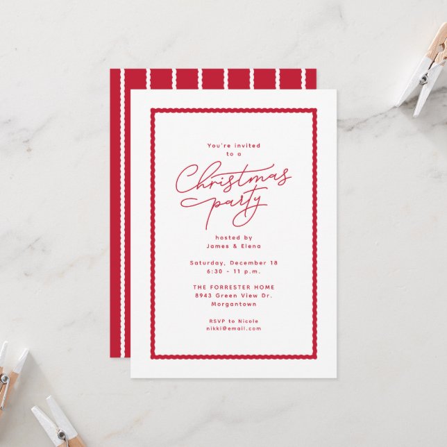 Christmas party red white simple invitation (Front/Back In Situ)