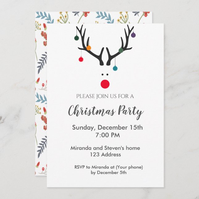 Christmas party reindeer modern white red invitation (Front/Back)