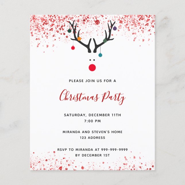 Christmas party reindeer red glitter invitation (Front)