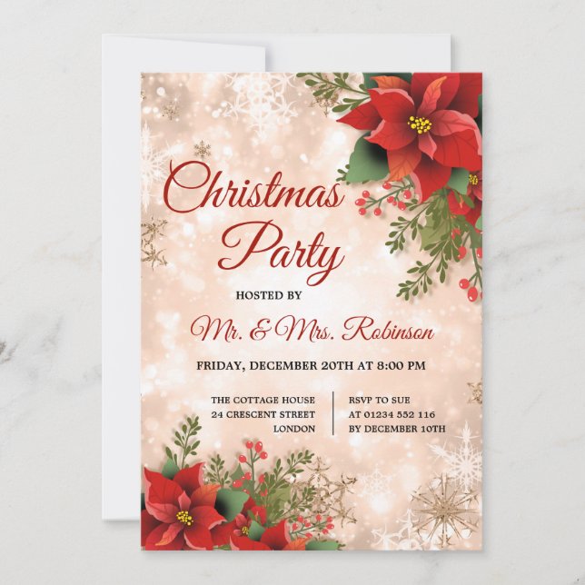Christmas Party Rose Gold Sparkle Red Poinsettia  Invitation (Front)