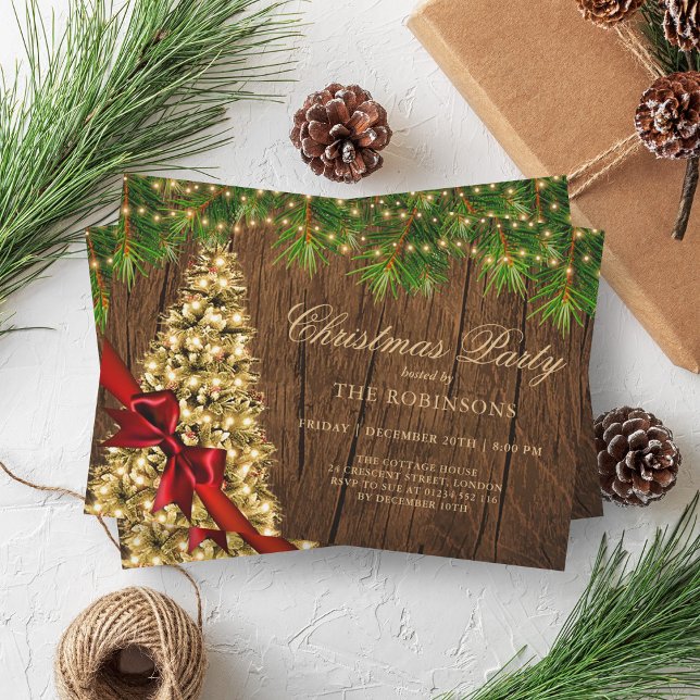 Christmas Party | Rustic Gold Tree & Red Ribbon  Invitation (Christmas Party | Rustic Gold Tree & Red Ribbon Invitation)