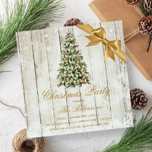 Christmas Party   Rustic Tree & Gold Ribbon Invitation