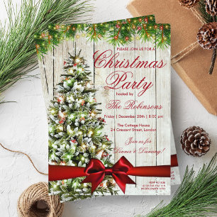 Christmas Party Rustic Tree, Lights & Red Ribbon Invitation