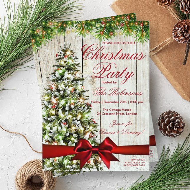 Christmas Party | Rustic Tree, Lights & Red Ribbon Invitation (Christmas Party | Rustic Tree, Lights & Red Ribbon Invitation)