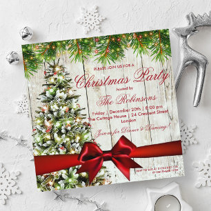 Christmas Party Rustic Tree, Lights & Red Ribbon Invitation