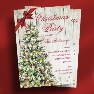 Christmas Party Rustic Tree & Red Ribbon Invitat Invitation