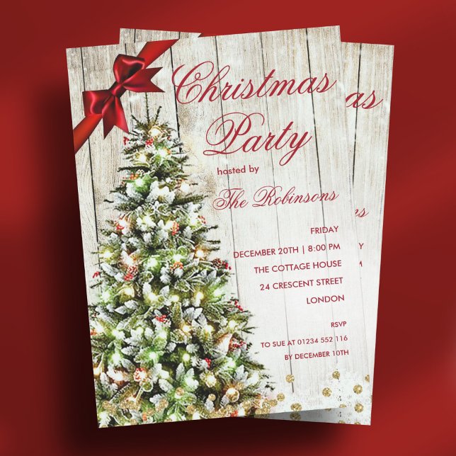 Christmas Party | Rustic Tree & Red Ribbon Invitat Invitation (Christmas Party | Rustic Tree & Red Ribbon Invitat Invitation)