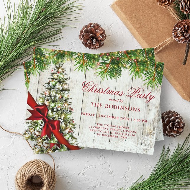 Christmas Party | Rustic Tree & Red Ribbon  Invitation (Christmas Party | Rustic Tree & Red Ribbon Invitation)