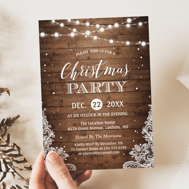 Christmas Party | Rustic Wood Twinkle Lights Lace Invitation (Creator Uploaded)