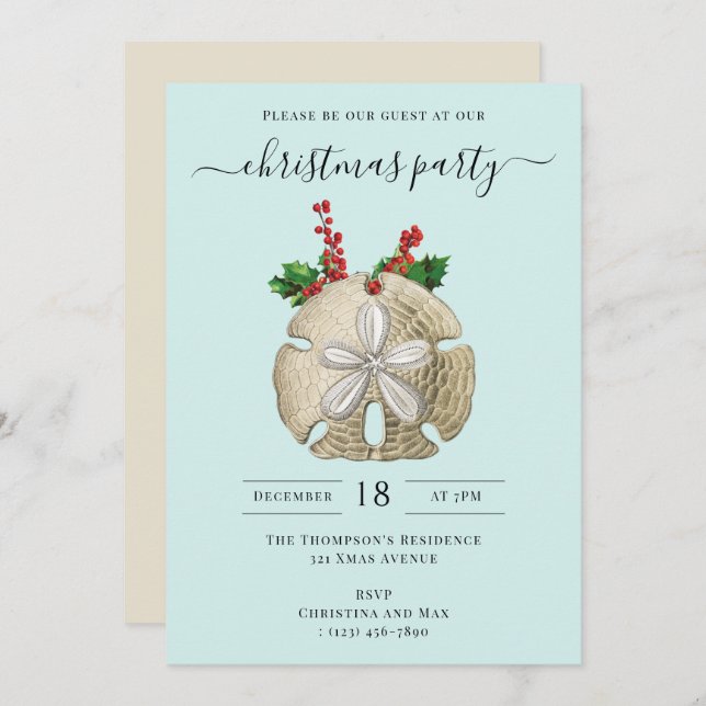 Christmas Party Sand Dollar Holly Berries Coastal  Invitation (Front/Back)
