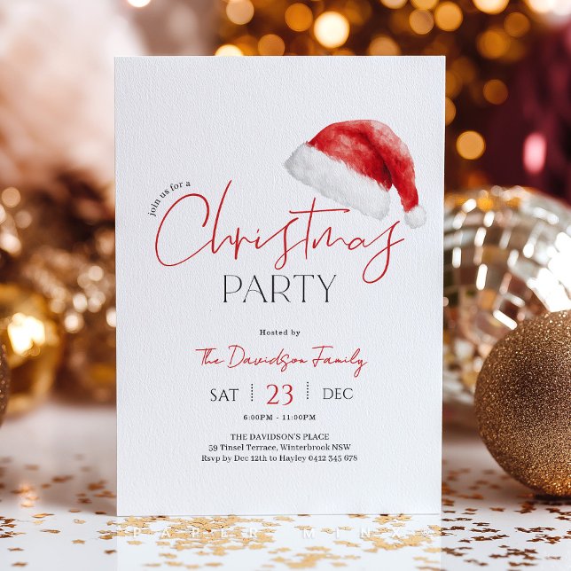 Christmas Party Santa Hat Invitation (Christmas Party with cute Santa Hat and red and black fonts)