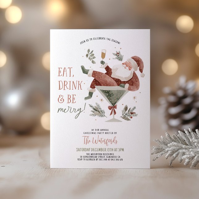 Christmas Party Santa Martini  Invitation (Eat Drink & Be Merry! A fun Christmas Party invite with Santa in a Martini Glass )