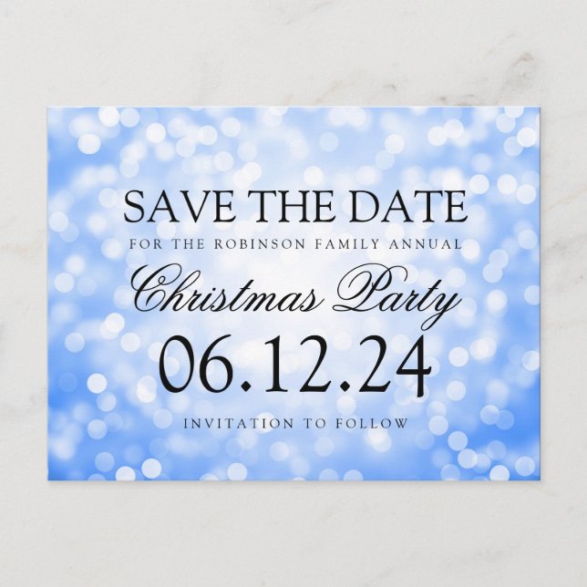 Christmas Party Save The Date Blue Glitter Lights Announcement Postcard (Front)