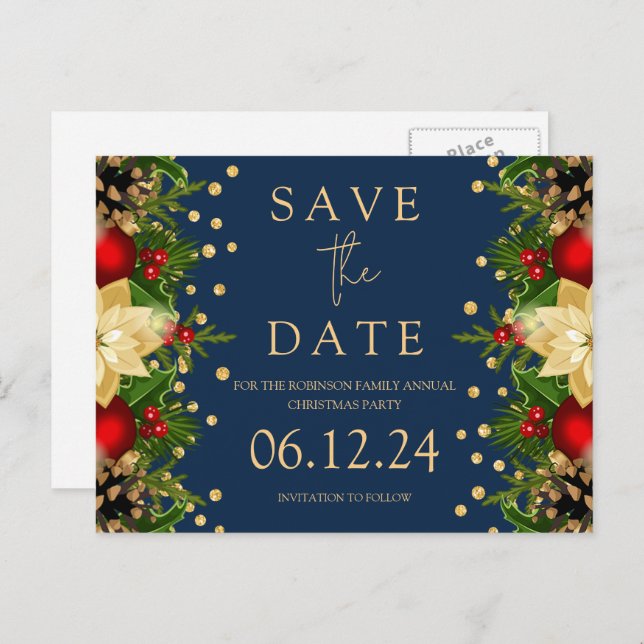 Christmas Party Save The Date Gold Floral Navy  Announcement Postcard (Front/Back)
