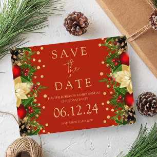 Christmas Party Save The Date Gold Floral Red  Announcement Postcard