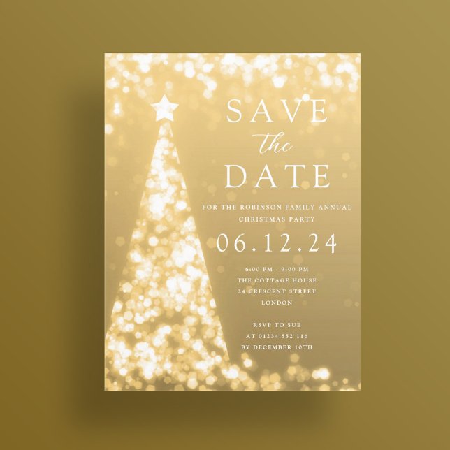 Christmas Party Save The Date Gold Tree Glam  Announcement Postcard (Christmas Party Save The Date Gold Tree Glam Announcement Postcard)