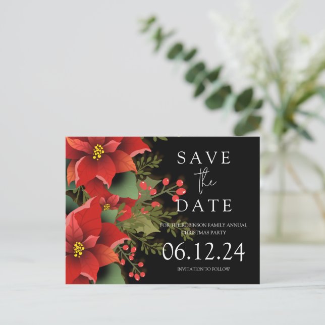 Christmas Party Save The Date Poinsettia Black Announcement Postcard (Standing Front)