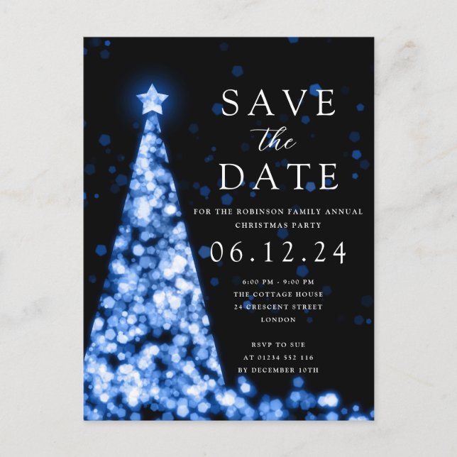 Christmas Party Save The Date Tree Glam Blue  Announcement Postcard (Front)