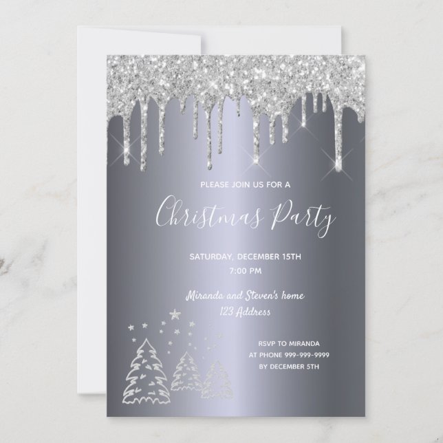 Christmas party silver glitter drips trees forest invitation (Front)