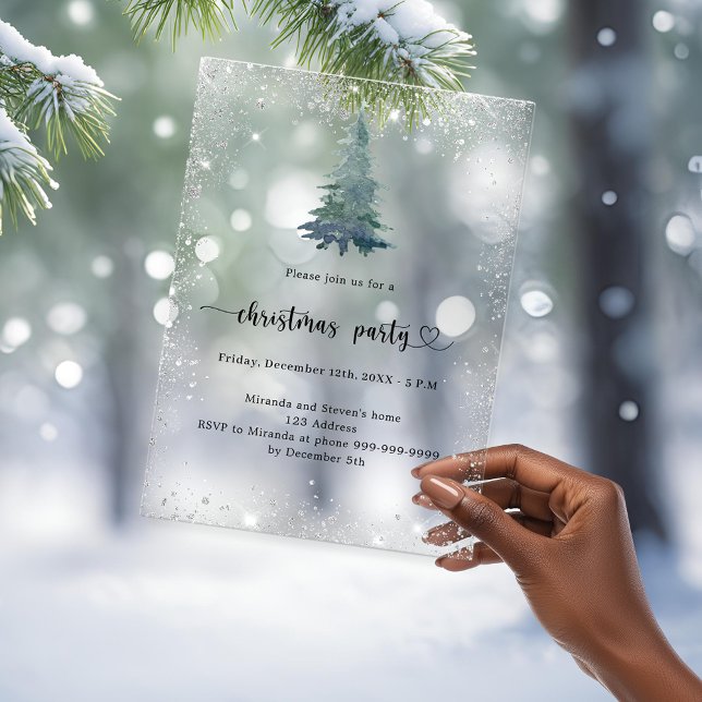Christmas Party silver snow tree frosted Acrylic Invitations (Creator Uploaded)