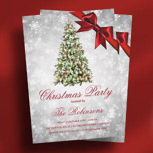 Christmas Party   Silver Xmas Tree Ribbon Glitter Invitation