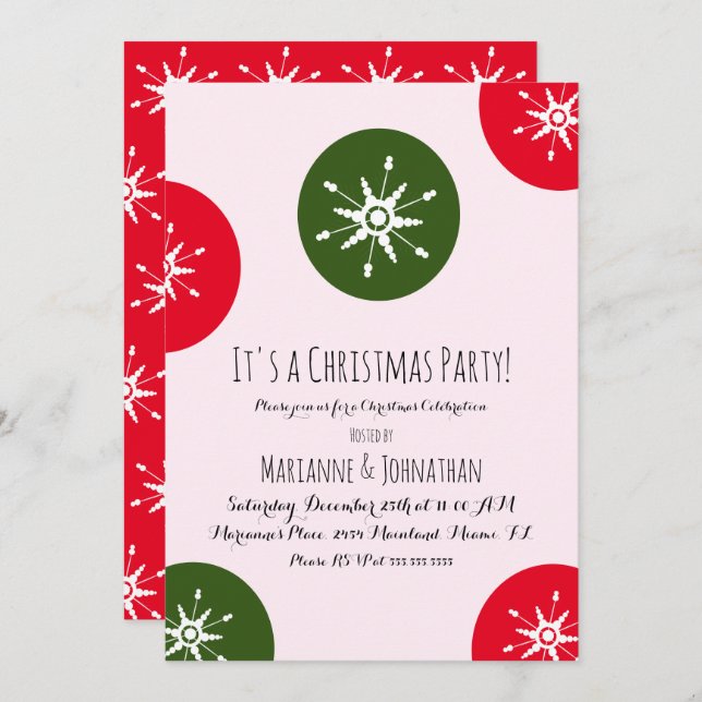 Christmas Party Snowflakes Pink Red Dots Invitation (Front/Back)