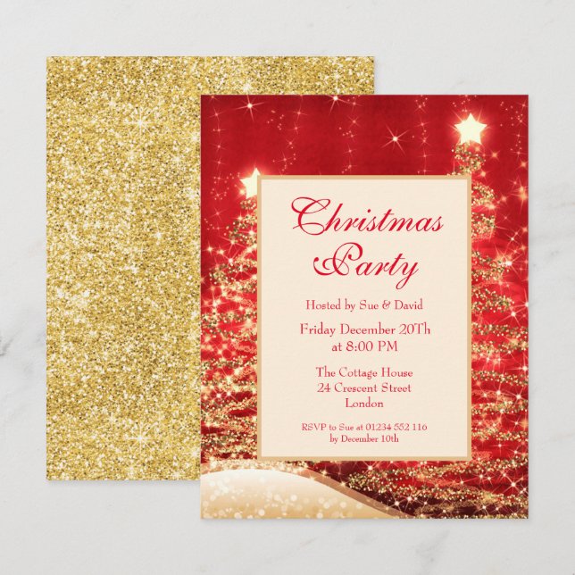 Christmas Party Sparkling Trees Red w/ Glitter  Invitation (Front/Back)