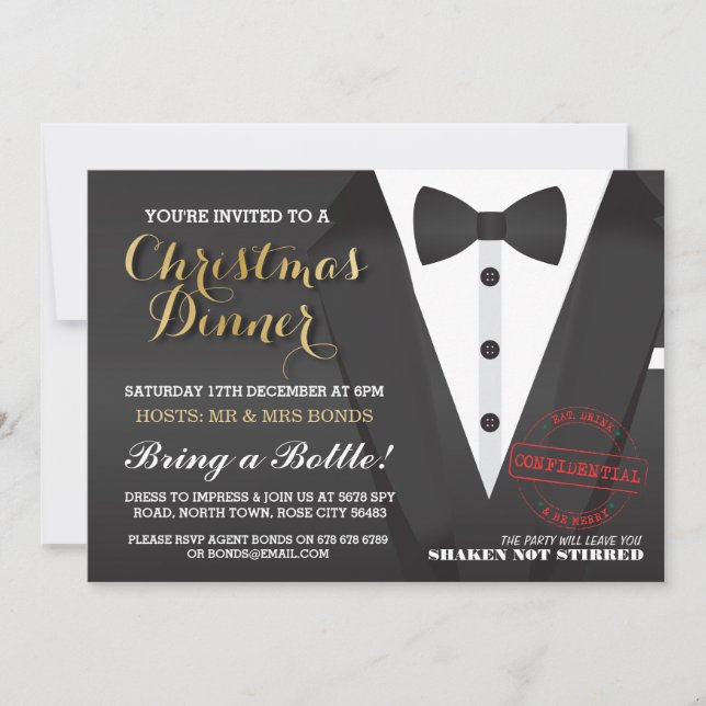 Christmas Party Tuxedo Bow Tie Ball Dinner Invite (Front)