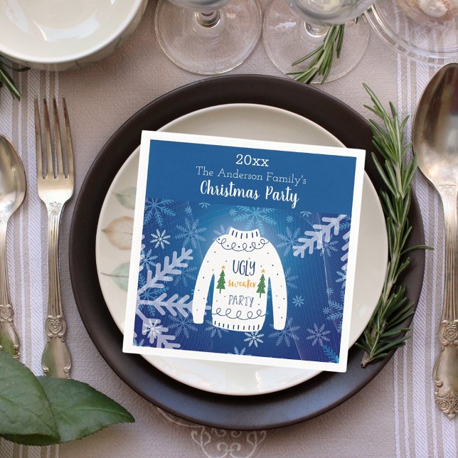 Christmas party ugly sweater blue snowflakes white napkin (Creator Uploaded)