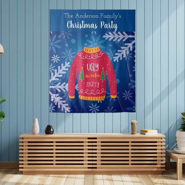 Christmas party ugly sweater red blue snowflakes tapestry (Creator Uploaded)