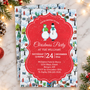 Christmas Party Village Snowmen Couple Skate Red Invitation