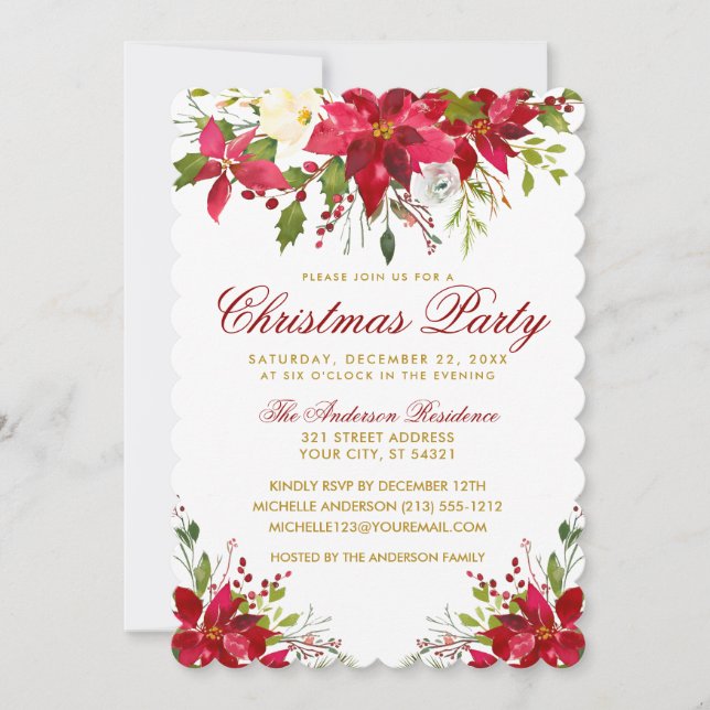 Christmas Party Watercolor Floral Poinsettia S Invitation (Front)