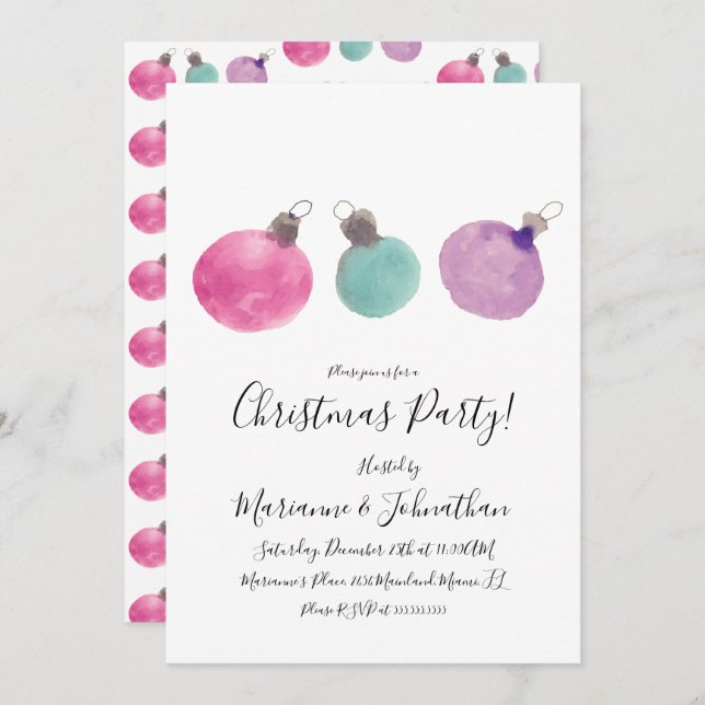Christmas Party Watercolor Ornaments Hand Painted Invitation (Front/Back)