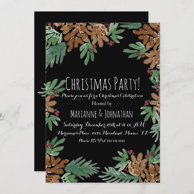 Christmas Party Watercolor Pinecones Greenery Art Invitation (Front/Back)