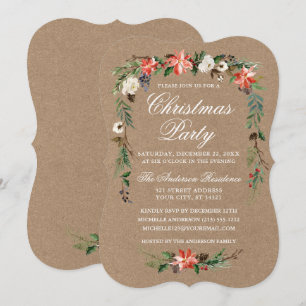 Christmas Party Watercolor Poinsettia Kraft Invitation