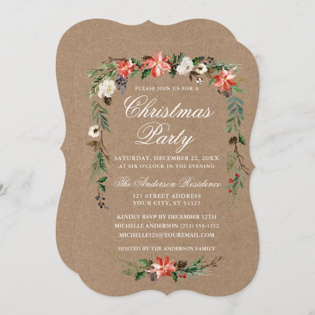 Christmas Party Watercolor Poinsettia Kraft Invitation (Front/Back)